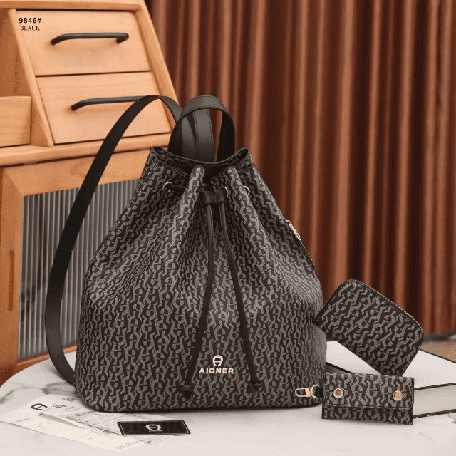 Tas Aigner Backpack Bucket Bag With Pouch in Signature Coated Canvas