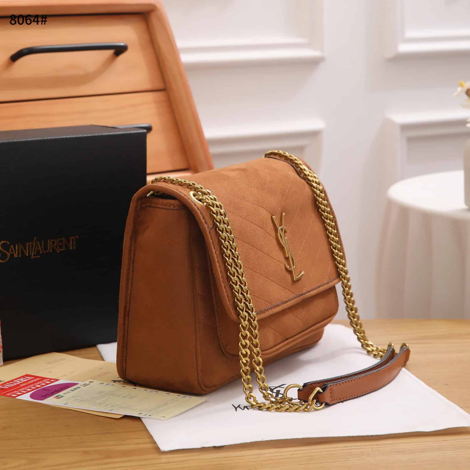 Brown Niki Suede Bag Tas YSL 8064 Yvest Saint Laurent Niki Medium