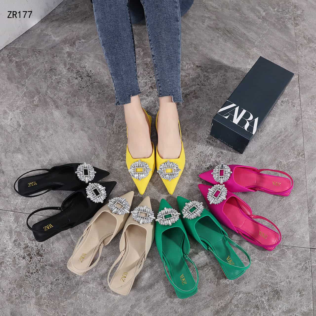 Sepatu Zara Zr177 Sparkly Low-Heeled Mules Semi Platinum (Kode