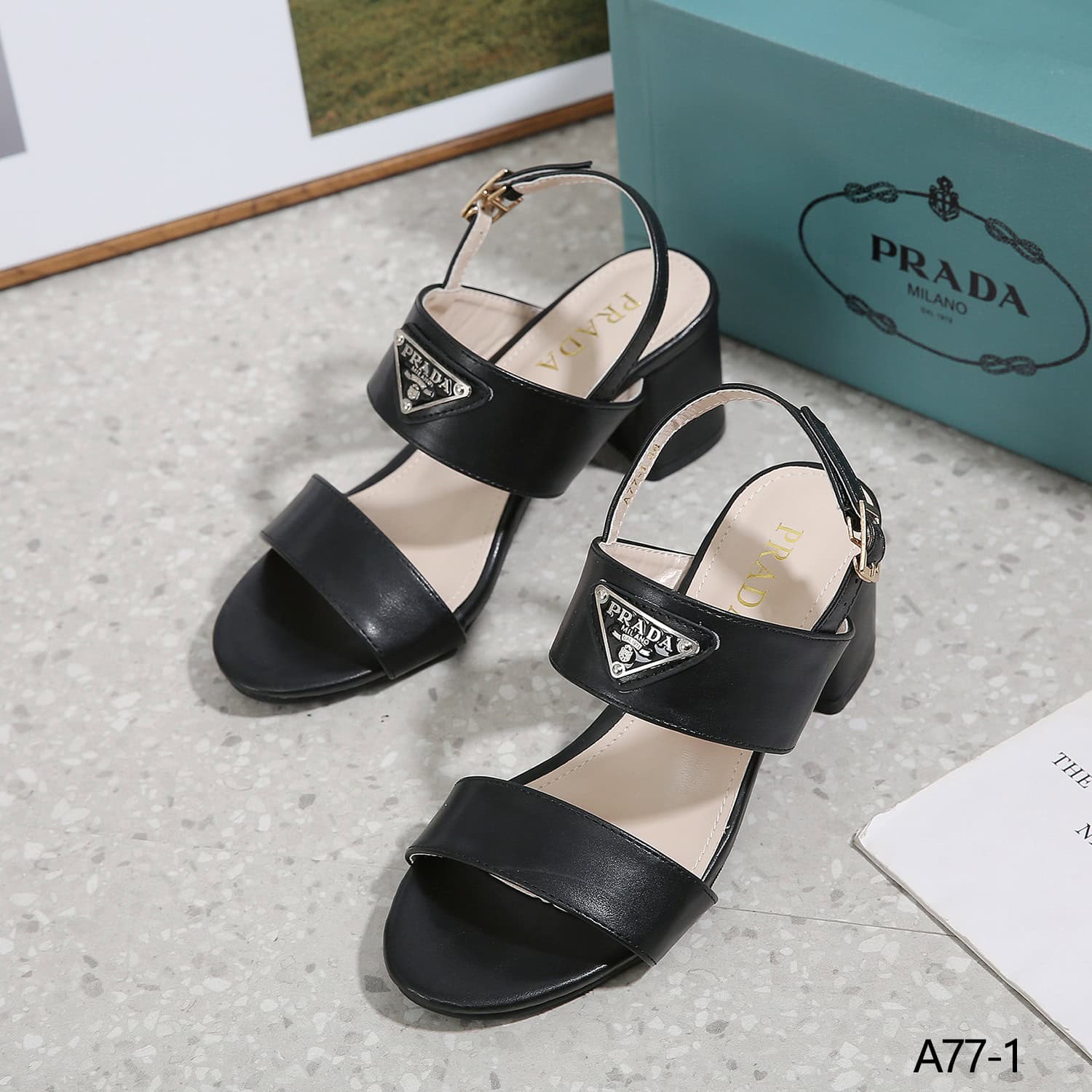 Sendal Prada A77-1 Leather Double Strap Block Heel Sandals Semi