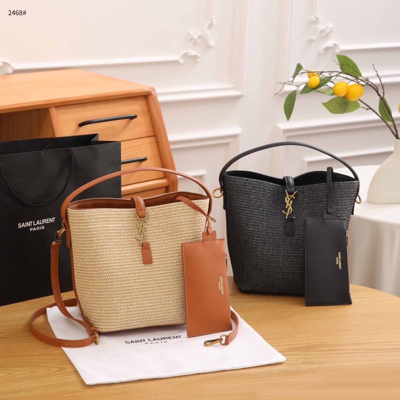 Tas YSL 2468 Yvest Saint Laurent Le 37 Raffia Bucket Bag Semi Platinum (Kode: YSL263)