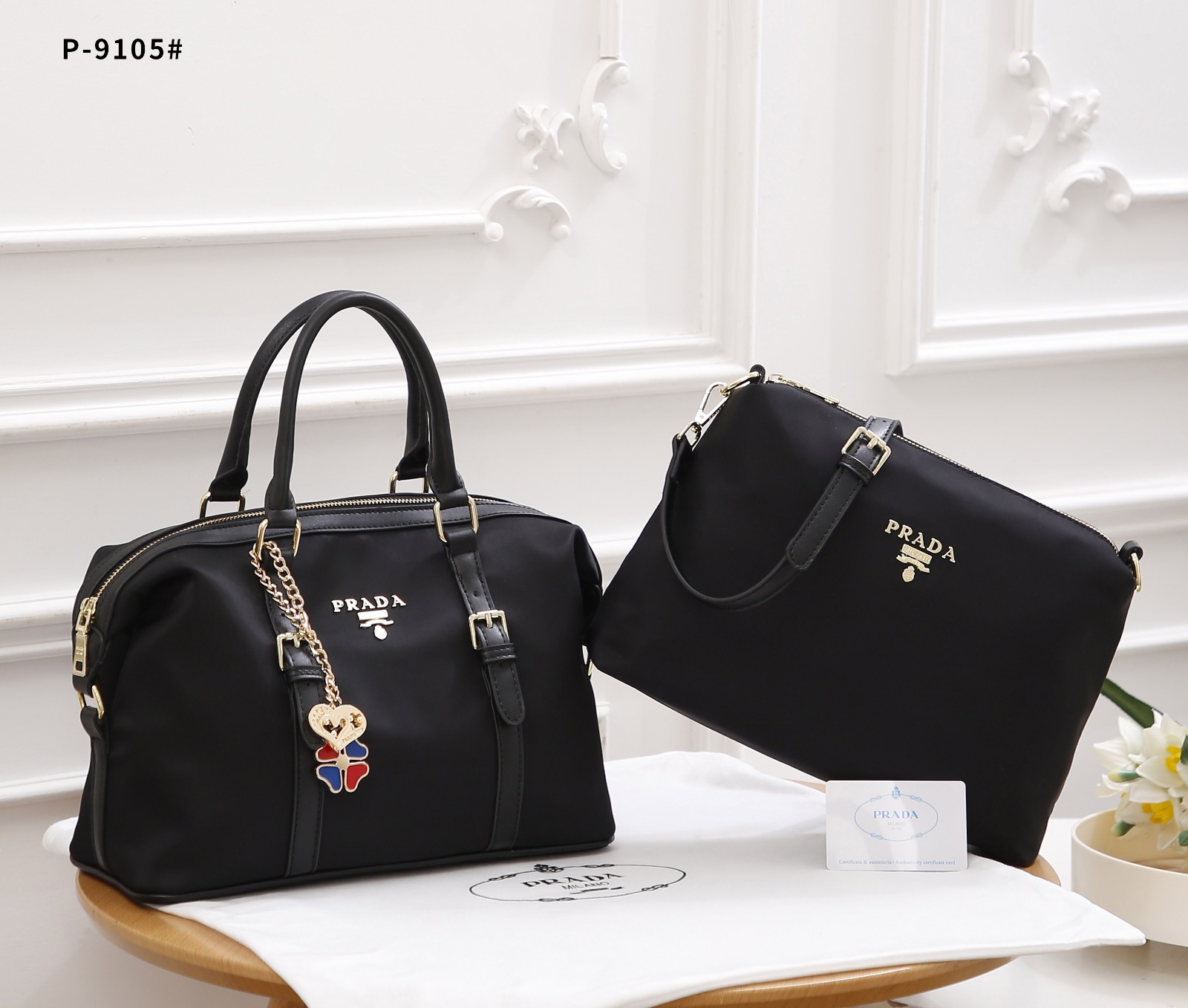 Tas Prada P-9105 Nylon Black Satchel Bag 2in1 Semi Platinum (Kode